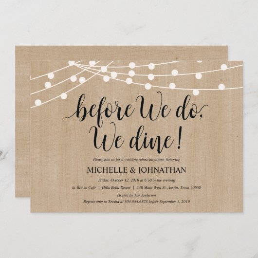 Rustic String Lights Rehearsal Dinner Invites Kaart (Voorkant / Achterkant)