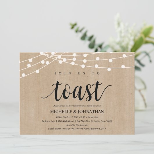 Rustic String Lights Rehearsal Dinner Invites Kaart (Staand voorkant)