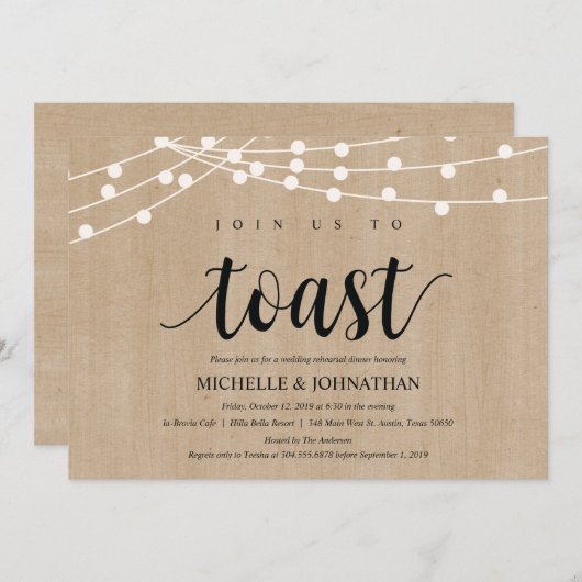 Rustic String Lights Rehearsal Dinner Invites Kaart (Voorkant / Achterkant)