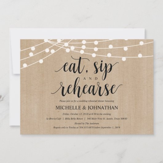 Rustic String Lights Rehearsal Dinner Invites Kaart (Voorkant)