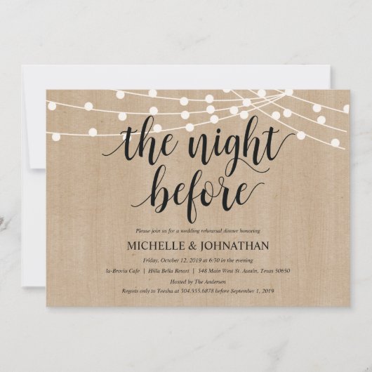 Rustic String Lights Rehearsal Dinner Invites Kaart (Voorkant)