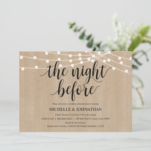 Rustic String Lights Rehearsal Dinner Invites Kaart (Staand voorkant)