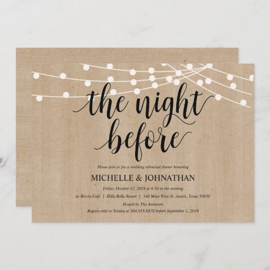 Rustic String Lights Rehearsal Dinner Invites Kaart (Voorkant / Achterkant)