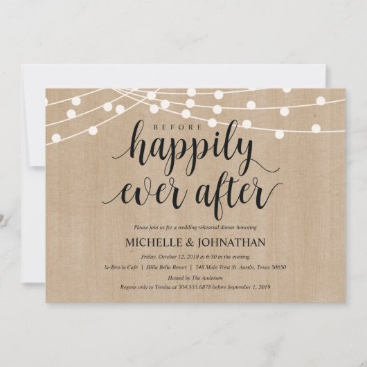 Rustic String Lights Rehearsal Dinner Invites Kaart (Voorkant)