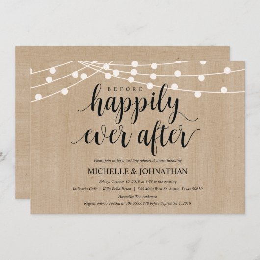 Rustic String Lights Rehearsal Dinner Invites Kaart (Voorkant / Achterkant)