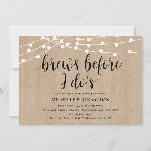 Rustic String Lights Rehearsal Dinner Invites Kaart (Voorkant)