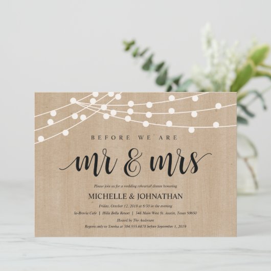 Rustic String Lights Rehearsal Dinner Invites Kaart (Staand voorkant)