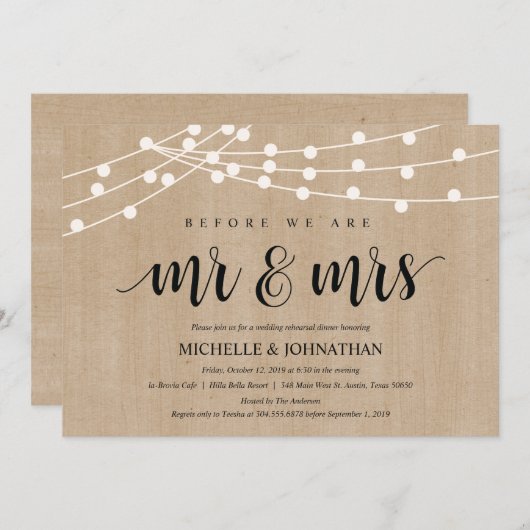 Rustic String Lights Rehearsal Dinner Invites Kaart (Voorkant / Achterkant)