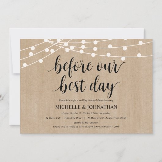 Rustic String Lights Rehearsal Dinner Invites Kaart (Voorkant)