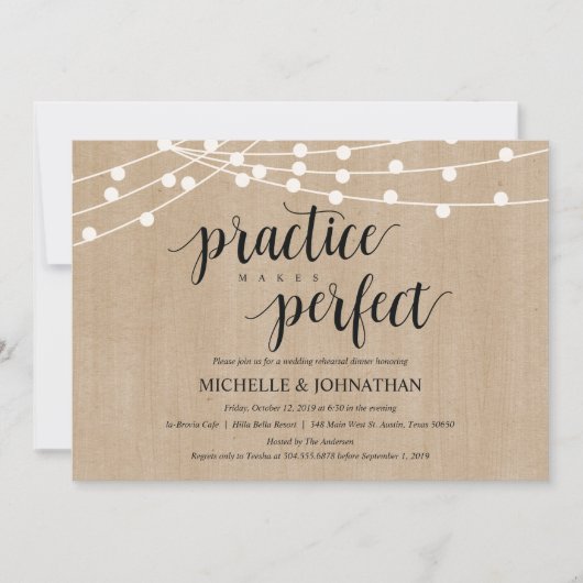 Rustic String Lights Rehearsal Dinner Invites Kaart (Voorkant)
