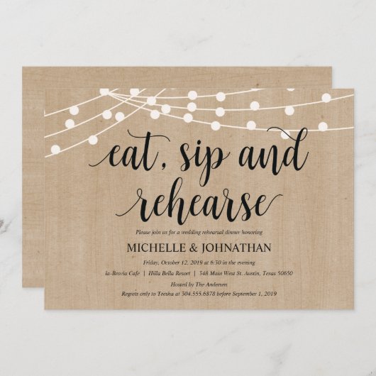Rustic String Lights Rehearsal Dinner Invites Kaart (Voorkant / Achterkant)
