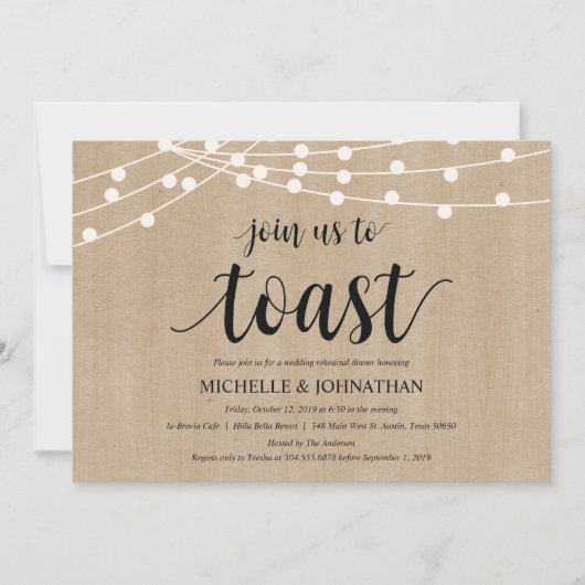 Rustic String Lights Rehearsal Dinner Invites Kaart (Voorkant)