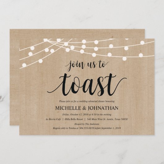 Rustic String Lights Rehearsal Dinner Invites Kaart (Voorkant / Achterkant)
