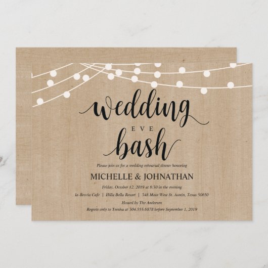 Rustic String Lights Rehearsal Dinner Invites Kaart (Voorkant / Achterkant)