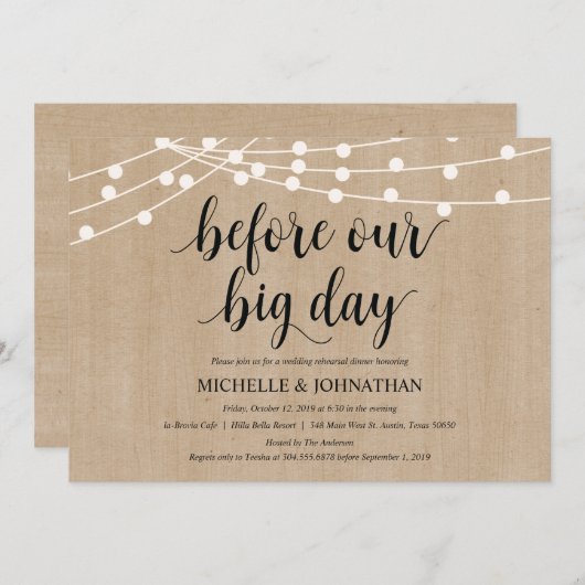 Rustic String Lights Rehearsal Dinner Invites Kaart (Voorkant / Achterkant)
