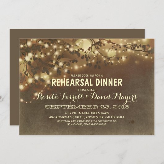 Rustic String Lights Romantic Rehearsal Dinner Kaart (Voorkant / Achterkant)