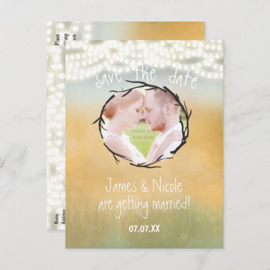 Rustic String Lights Save Date Photo Briefkaart (Voorkant / Achterkant)