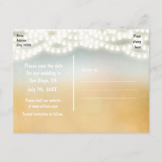 Rustic String Lights Save Date Photo Briefkaart (Achterkant)