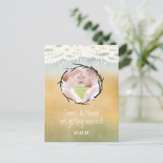 Rustic String Lights Save Date Photo Briefkaart (Staand voorkant)