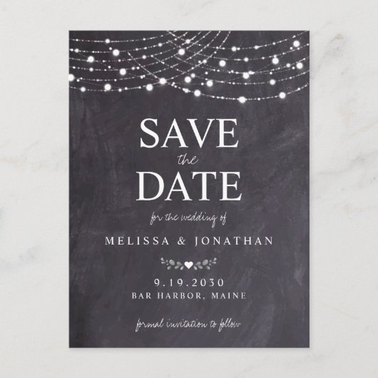Rustic String Lights Slate Chalkboard Weddenschap Uitnodiging Briefkaart (Voorkant)