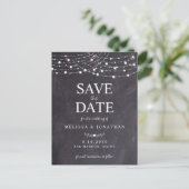 Rustic String Lights Slate Chalkboard Weddenschap Uitnodiging Briefkaart (Staand voorkant)