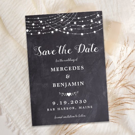 Rustic String Lights Slate Wedding Save the Date Notitiekaartje