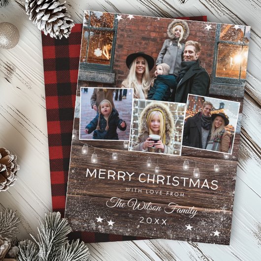 Rustic String Lights Sneeuw Kerstfoto Vakantie Uitnodiging Briefkaart