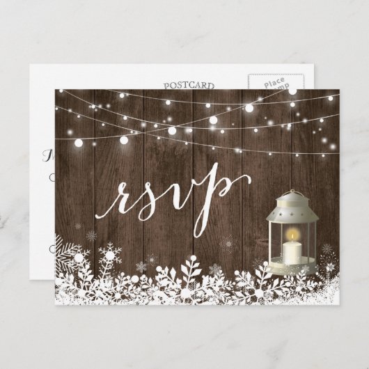 Rustic String Lights Snowflakes Wedding RSVP Uitnodiging Briefkaart (Voorkant / Achterkant)