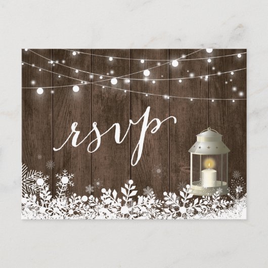 Rustic String Lights Snowflakes Wedding RSVP Uitnodiging Briefkaart (Voorkant)
