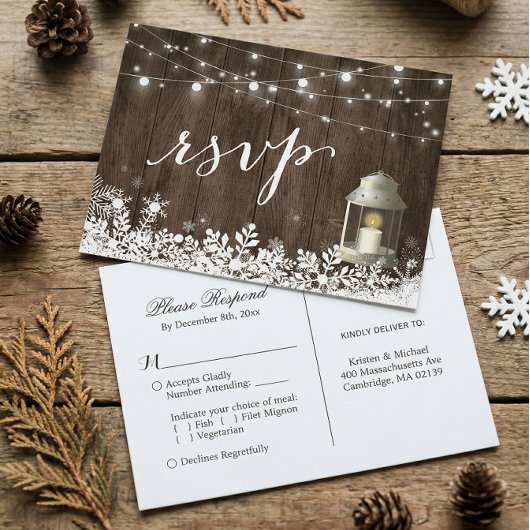 Rustic String Lights Snowflakes Wedding RSVP Uitnodiging Briefkaart