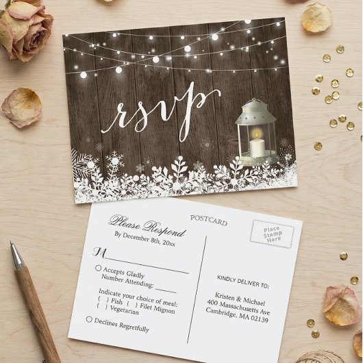 Rustic String Lights Snowflakes Wedding RSVP Uitnodiging Briefkaart