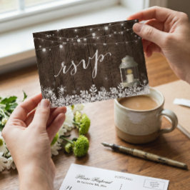 Rustic String Lights Snowflakes Wedding RSVP Uitnodiging Briefkaart