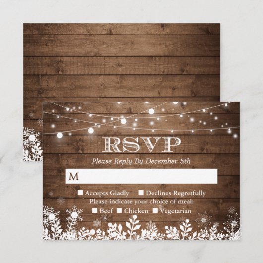 Rustic String Lights Snowflakes Winter RSVP Kaartje (Voorkant / Achterkant)