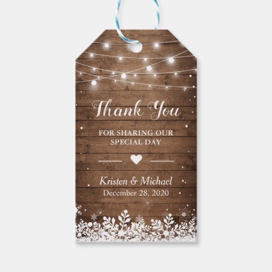 Rustic String Lights Snowflakes Winter Wedding Cadeaulabel (Voorkant)