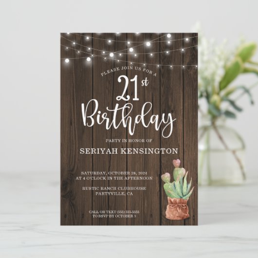 Rustic String Lights Succulent 21st Birthday Kaart (Staand voorkant)