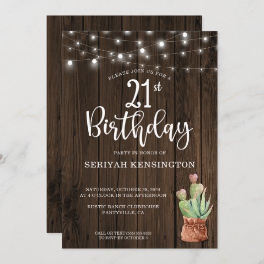 Rustic String Lights Succulent 21st Birthday Kaart (Voorkant / Achterkant)