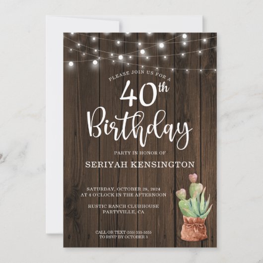 Rustic String Lights Succulent 40th Birthday Kaart (Voorkant)