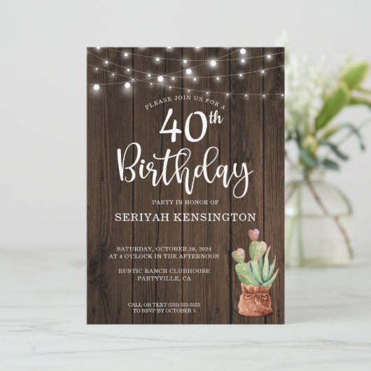 Rustic String Lights Succulent 40th Birthday Kaart (Staand voorkant)