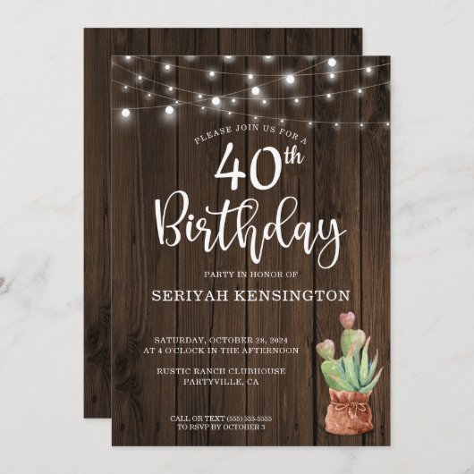 Rustic String Lights Succulent 40th Birthday Kaart (Voorkant / Achterkant)