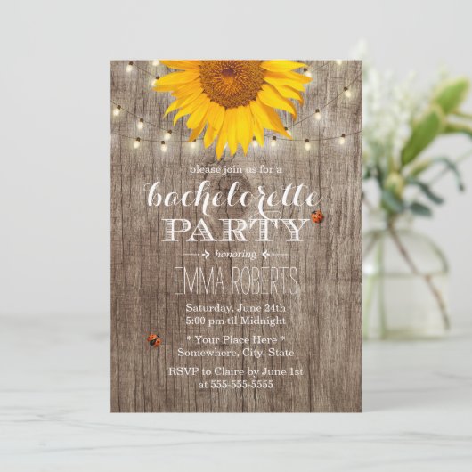 Rustic String Lights Sunflower Bachelorette Party Kaart (Staand voorkant)