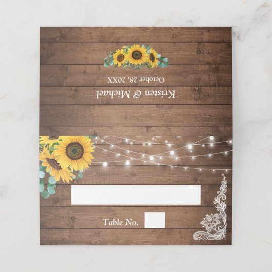 Rustic String Lights Sunflower Eucalyptus Wedding Plaatskaartje (Buitenkant ongevouwen)