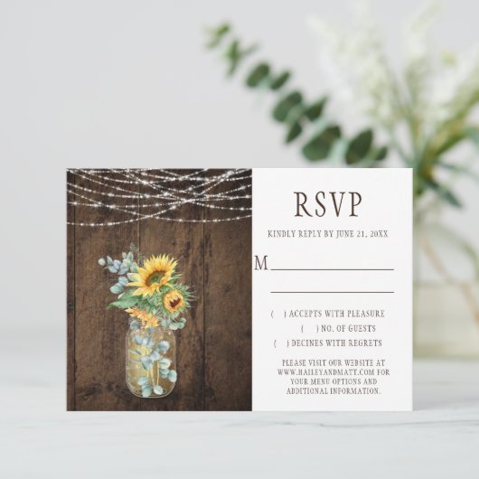 Rustic String Lights Sunflower Mason Jars RSVP Kaart (Staand voorkant)
