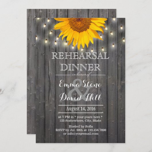 Rustic String Lights & Sunflower Rehearsal Dinner Kaart (Voorkant / Achterkant)