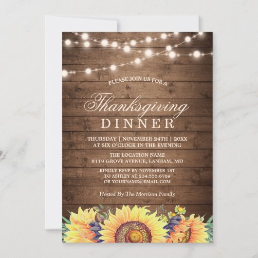 Rustic String Lights Sunflower Thanksgiving Dinner Kaart (Voorkant)