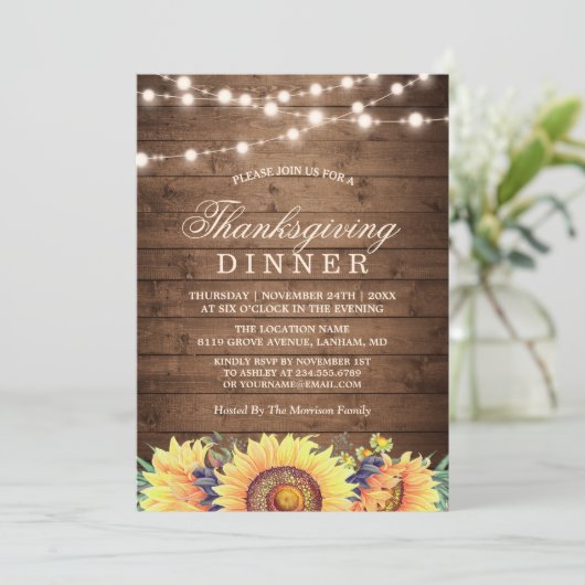 Rustic String Lights Sunflower Thanksgiving Dinner Kaart (Staand voorkant)