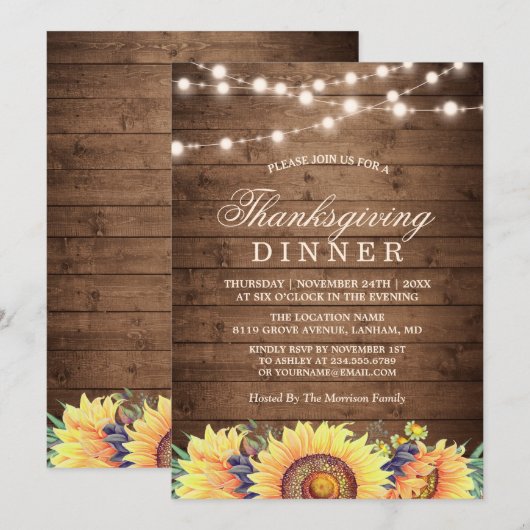 Rustic String Lights Sunflower Thanksgiving Dinner Kaart (Voorkant / Achterkant)