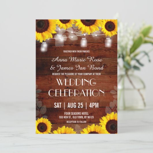 Rustic String Lights Sunflower Wedding Cards Kaart (Staand voorkant)