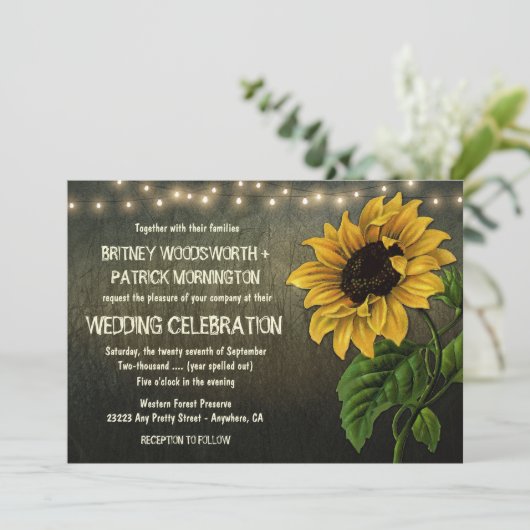 Rustic String Lights Sunflower Wedding Invitting Kaart (Staand voorkant)