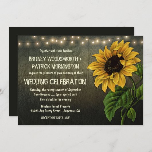 Rustic String Lights Sunflower Wedding Invitting Kaart (Voorkant / Achterkant)