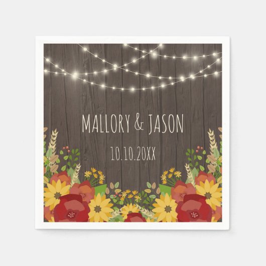 Rustic String Lights & Sunflower Wedding Servetten (Voorkant)